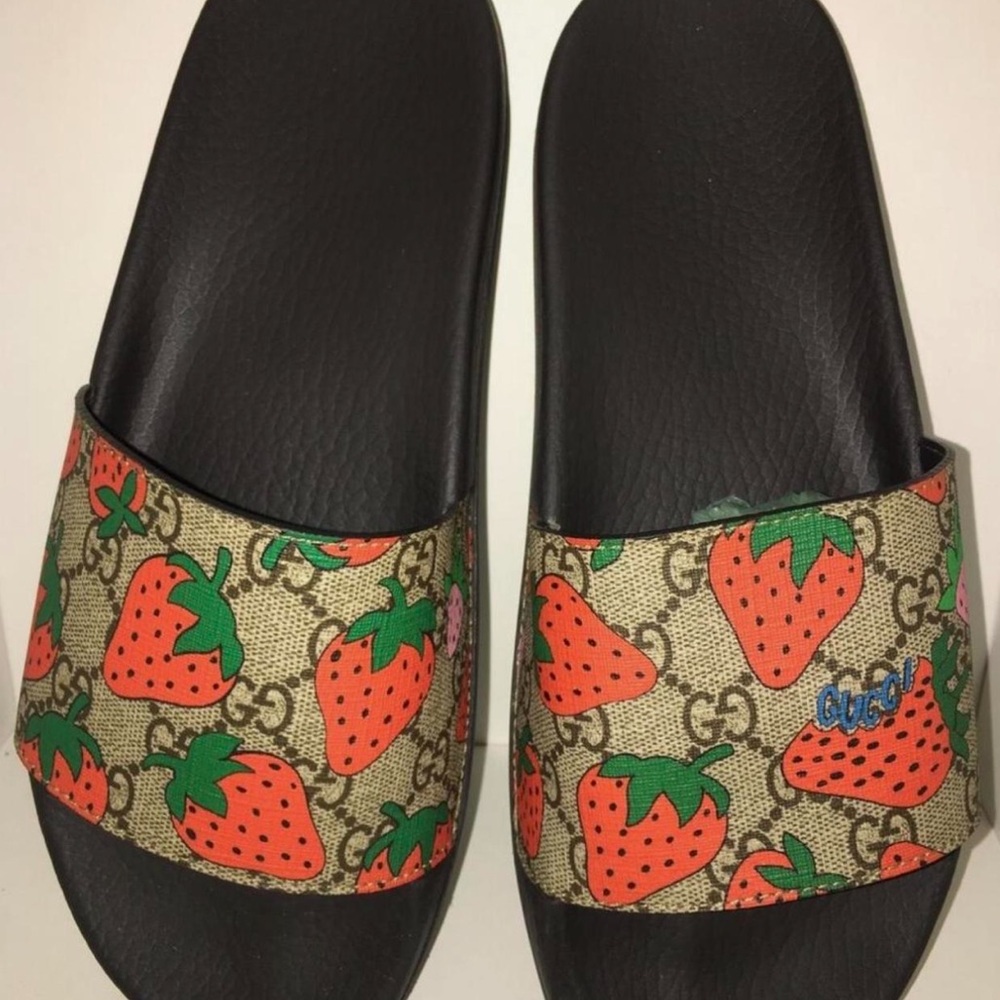 Gucci Black and Tan Strawberry Slides